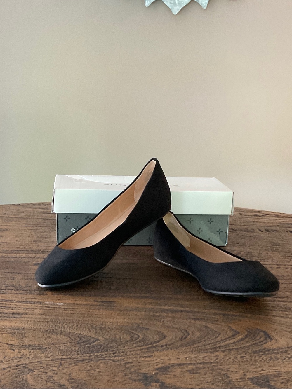 Sun + Stone Black Suede Low Wedge Flats